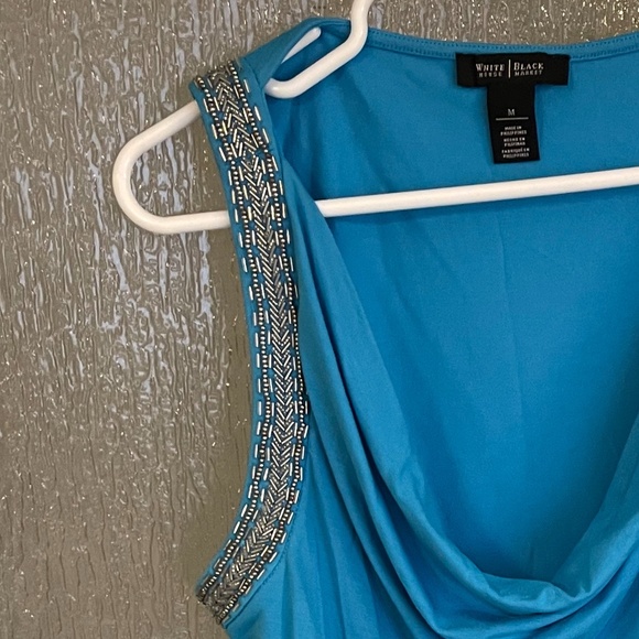 White‎ House Black Market Top Blue Silver Bead Drape Ruched Tunic,s. M - Picture 4 of 7